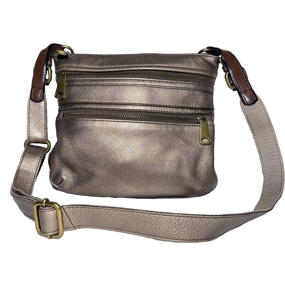 Fossil Metallic Bronze/Pewter Pebbled Leather Crossbody Bag Multi-Pocket